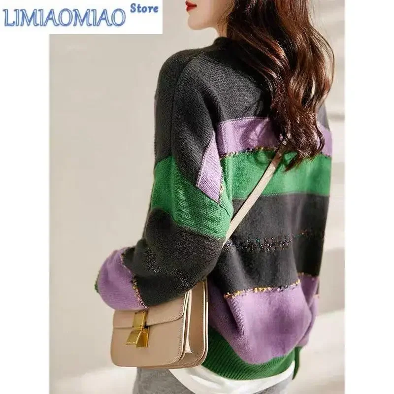 الخريف والشتاء الموضة النسخة الكورية تقسم الملونة مخطط الجولة الرقبة فضفاضة ومتعددة الاستخدامات المرأة الغربية محبوك سترة