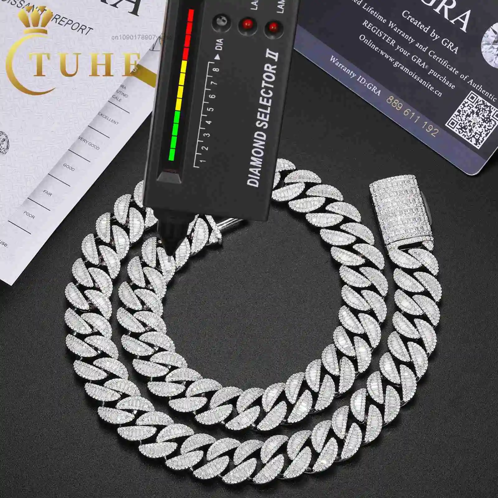 Style New Hip Hop Mens Jewelry 15mm 925 Sterling Silver VVS Baguette Moissanite Diamond Iced Out Cuban Link Chain Necklace.