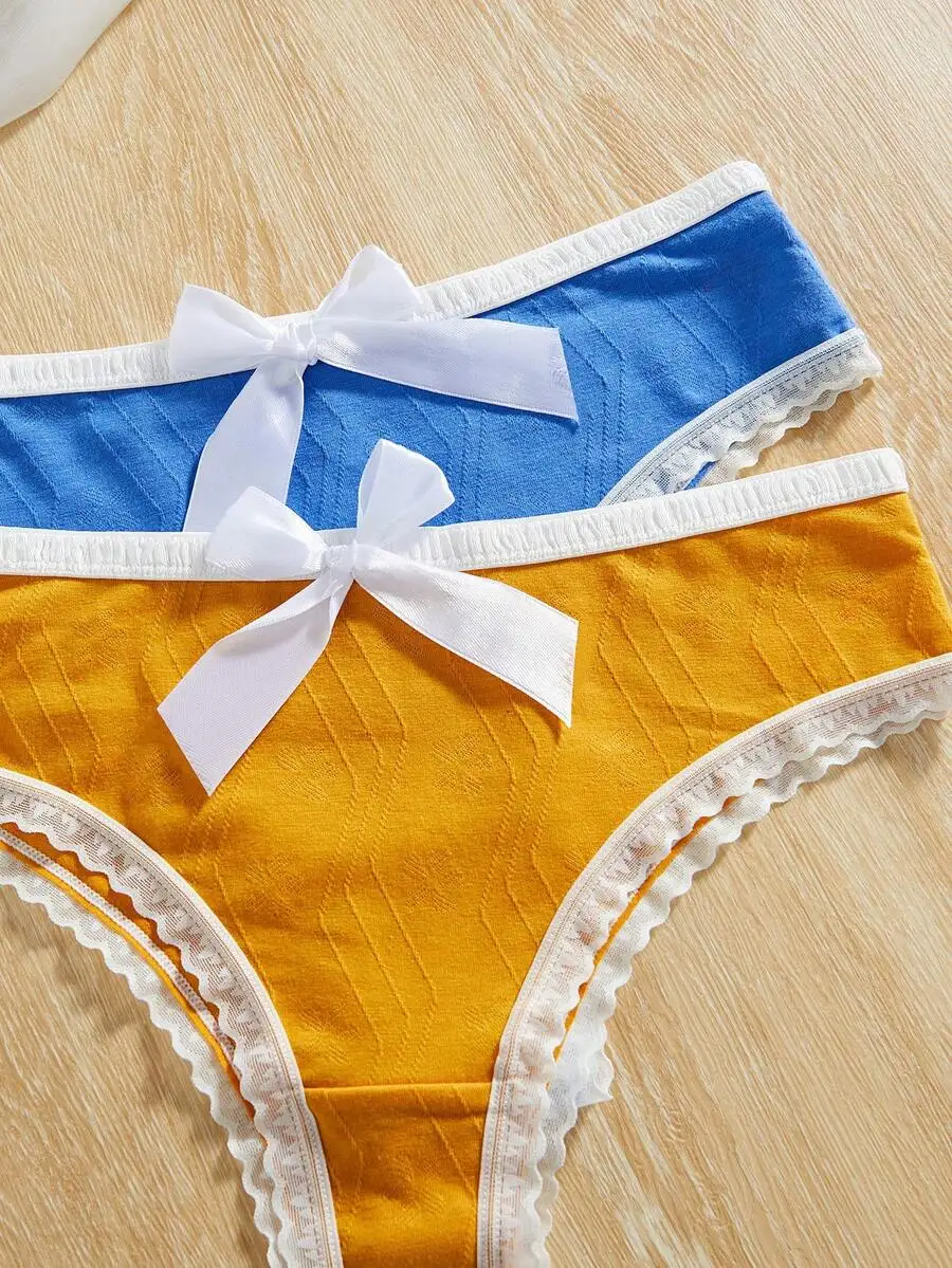 

7pcs Lace Triangle Panties With Bowknot Decoration Solid Color