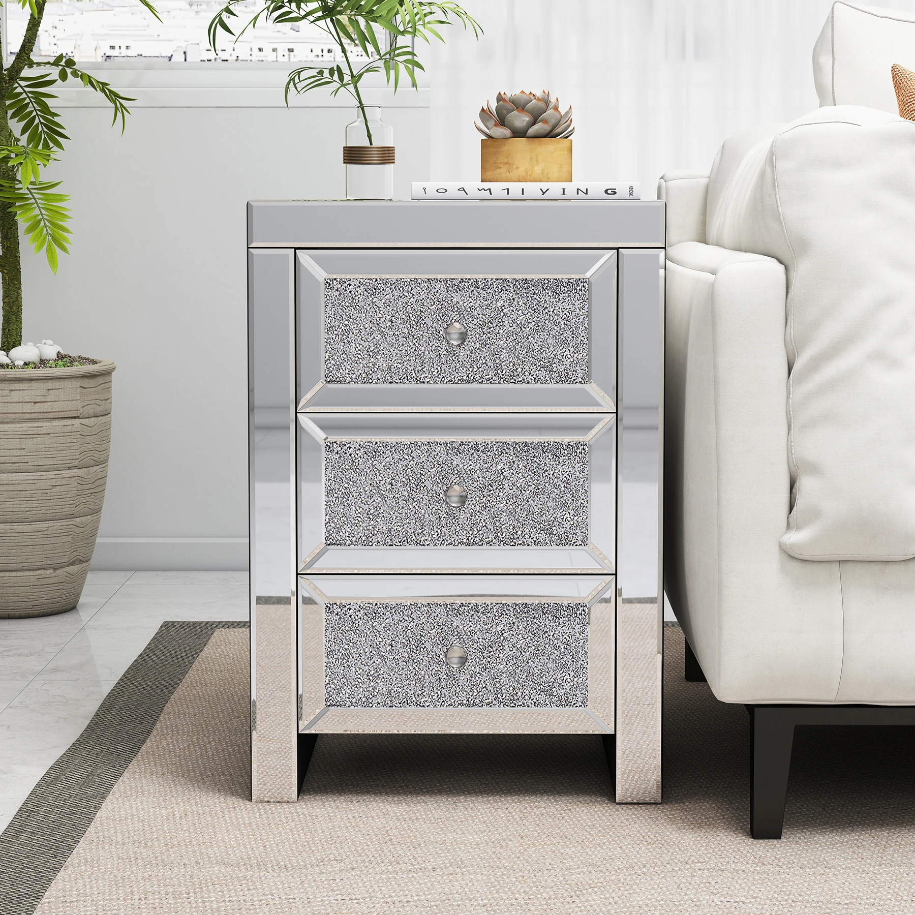 Bedroom Furniture Living Room Luxury Glass Mirrored Nightstand Silver Crystal Diamond 3 Drawers Storage Cabinet1pc