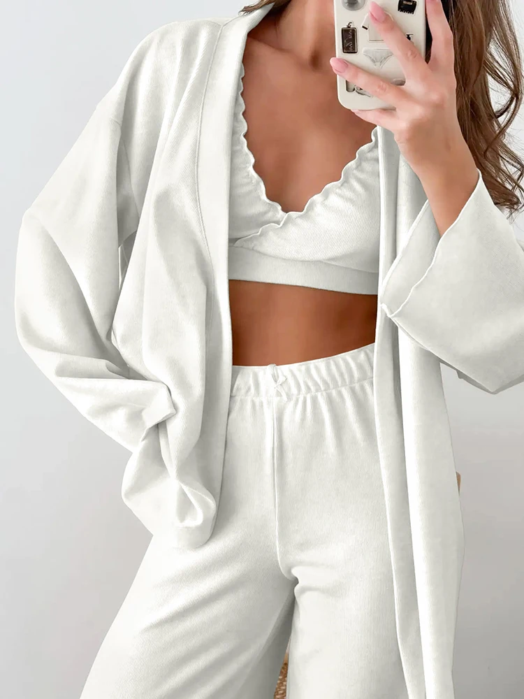 

Hiloc White Ruched Spaghetti Strap Crop Top 3 Piece Sets Elegant Elastic Ankle-Length Pants Suit Woman Belt Robe Pajamas Outfits