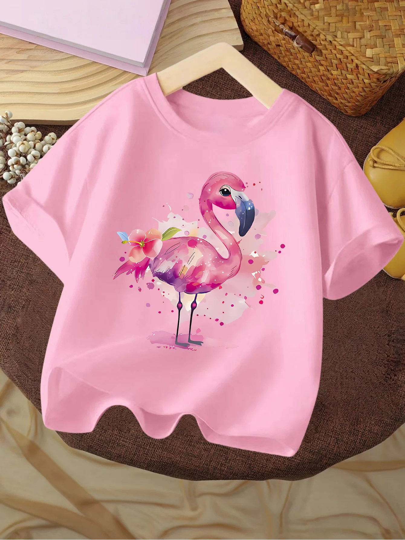 Children T Shirt Beautiful Watercolor Flamingo With Pink Flower Cartoon Art Print Short Sleeve Soft Cotton Kids Daily Outfit