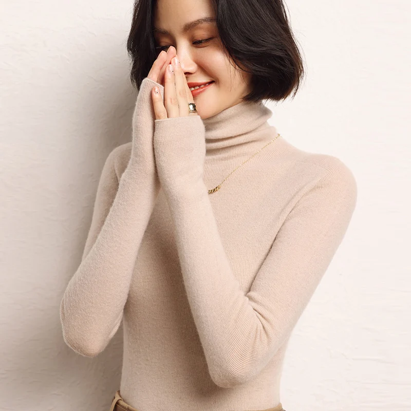 Winter 100% Cashmere Knit Soft Fine Yarn Turtleneck Pullover Sweater Fashion Comfortable Bottom Shirt High elasticity Women Top