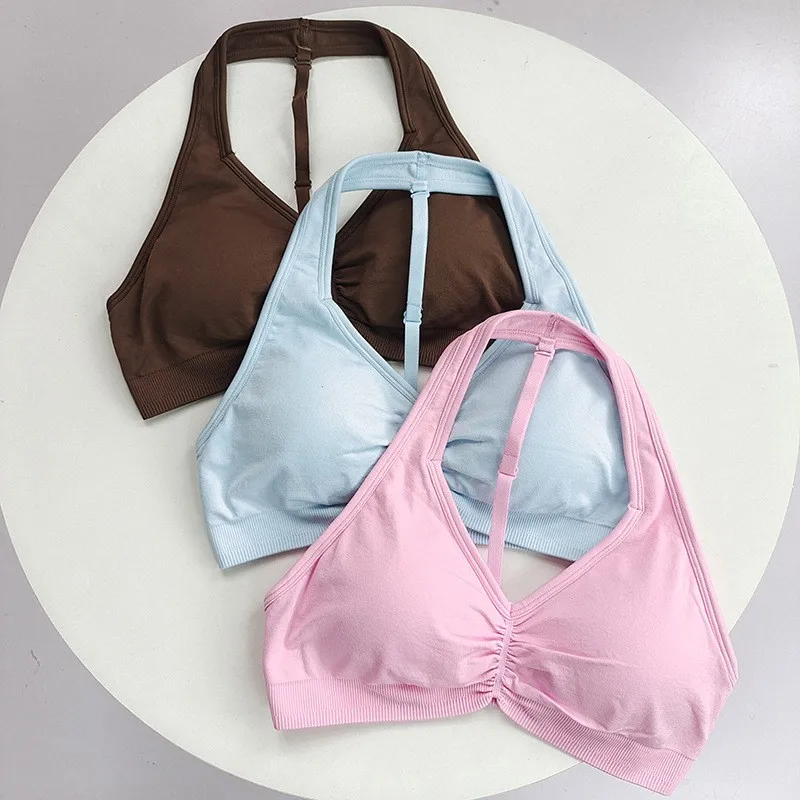 حمالة صدر رياضية لليوجا عالية التأثير قابلة للتعديل على شكل حرف T - رقبة رسن، بدون ظهر، سريعة الجفاف، قميص بدون أكمام لصالة الألعاب الرياضية مقاوم للصدمات