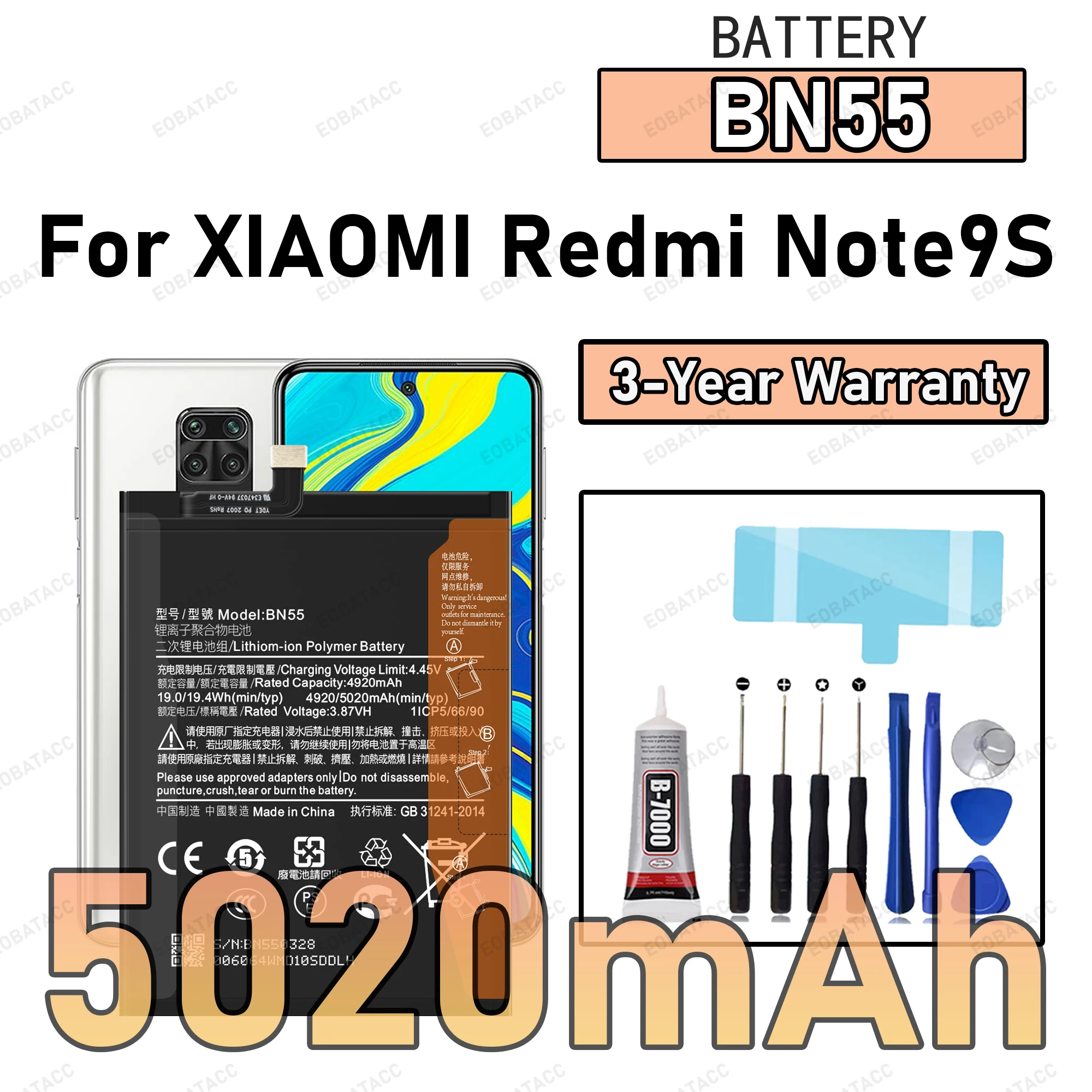 

100% New Zero Cycle BN55 Battery For XIAOMI Redmi Note9S Phone Replacement Bateria +Free Tools