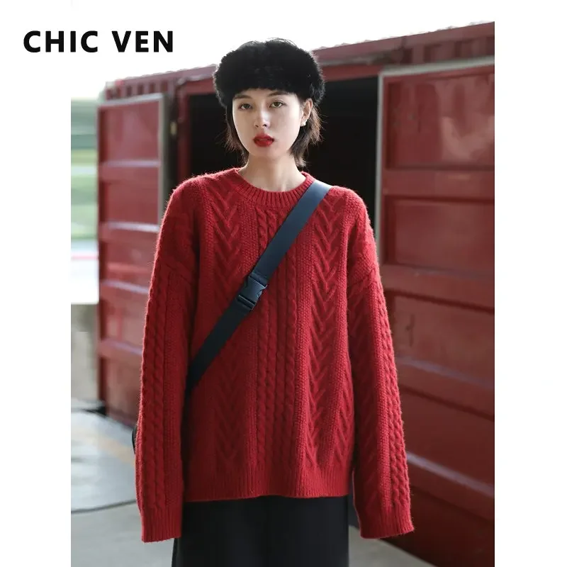 CHIC VEN Women\'s Sweaters Vintage Twisted Round Neck Loose Jumpers Pullover Knitwear Woman Tops Autumn Winter 2022