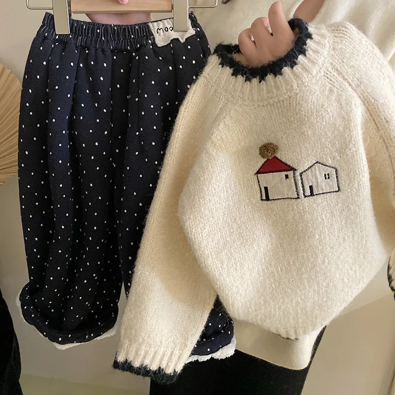 Korean Girls Contrast Cartoon Cute Knitted Sweater 2024 Autumn Winter New Fleece Thickened Polka Dot Pants Fashion Set