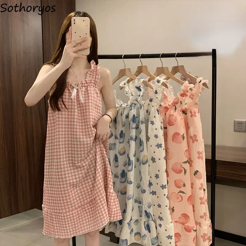 Nightgowns Women Plaid Flowers Creativity Special Home Daily Cozy Tender Basics Simple All-match Vintage Leisure Korean Style