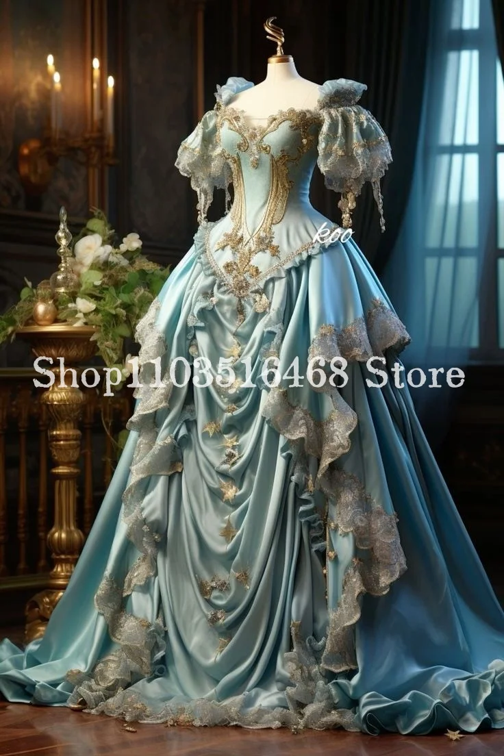 Fantasy Victoria Prom Dress Sky Blue Corset Corset Lace Applique Pleated Custom Evening Gowns Women\'s Party Dresses فساتين سهره