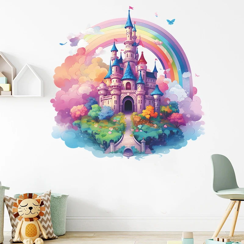 Cartoon Rainbow Castle Magic Kingdom Wall Sticker for Kids Room Girls Room Decoration Princess Castle Vinyl Nursery Decor Decals