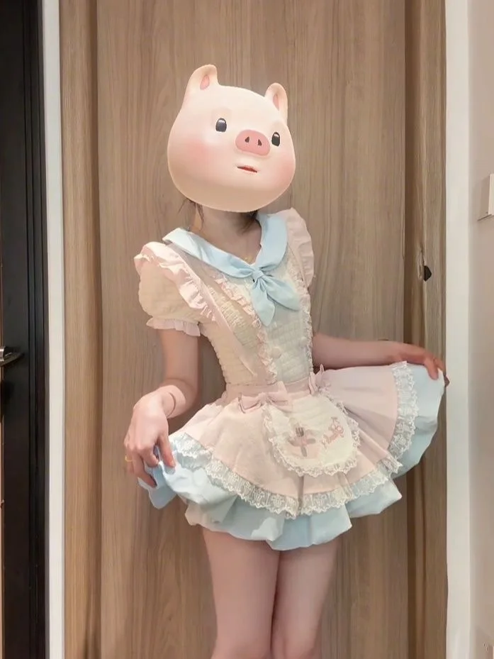 

Милый розовый комплект: платье с пышной юбкой и воротником-стойкой для женщин, с коротким рукавом, круглым вырезом, из полиэстера, летняя мода, комплект из двух предметов