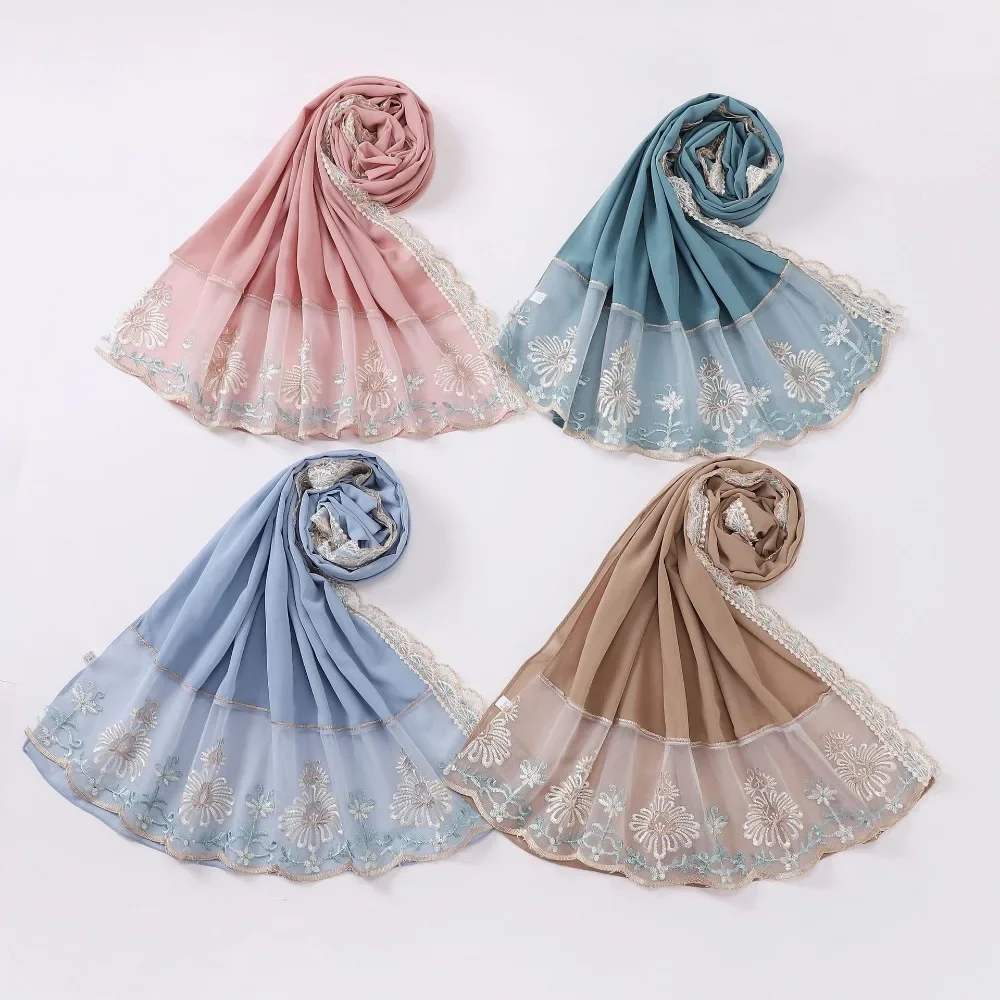 Premium Chiffon Hiijab Pins Hijab lungo scialle a forma di L con pizzo ricamato colore floreale donna foulard moda musulmana 70x175cm