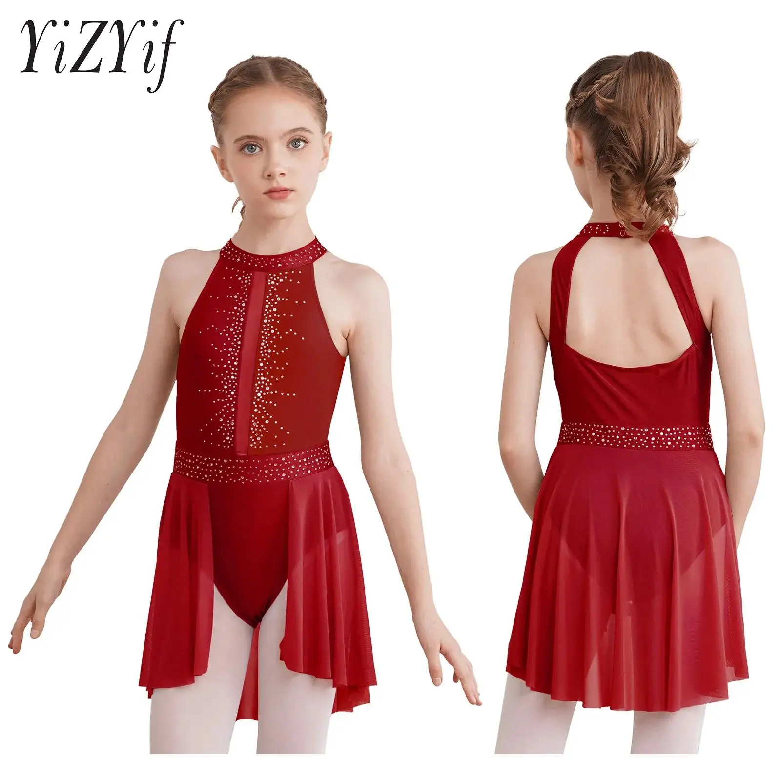 

Kids Girls Sleeveless Dancewear Shiny Rhinestones Mock Neck Cutout Back Ballet Leotard Dress Ballerina Dance Costume