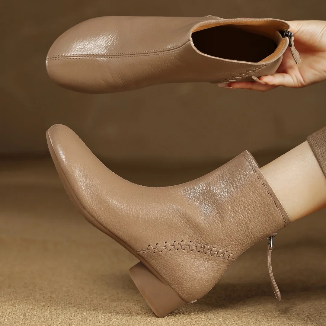 

2025 New women's sheepskin round toe neck zip autumn ankle boots high quality soft comfortable casual female short booties shoes