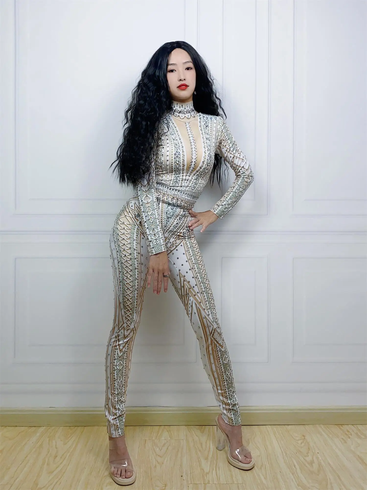 

Women's Spandex High Stretch Jumpsuit White Rhinestone Long Sleeved Leggings Pole Dance Acrobatics Performance Suit Party Dress