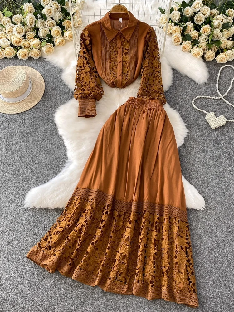 Autumn Skirt Sets Women Clothing Elegant 2-Piece Set Patchwork Lace Blouses High Waist Hollow Out Long Skirts Suit Summer Outfit