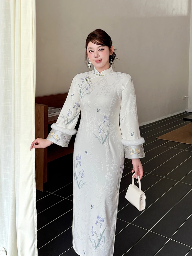 

Новое китайское платье больших размеров с вышивкой Big Sve и цветочным принтом, женское платье миди с высокой талией Faion Street Sle Autu...