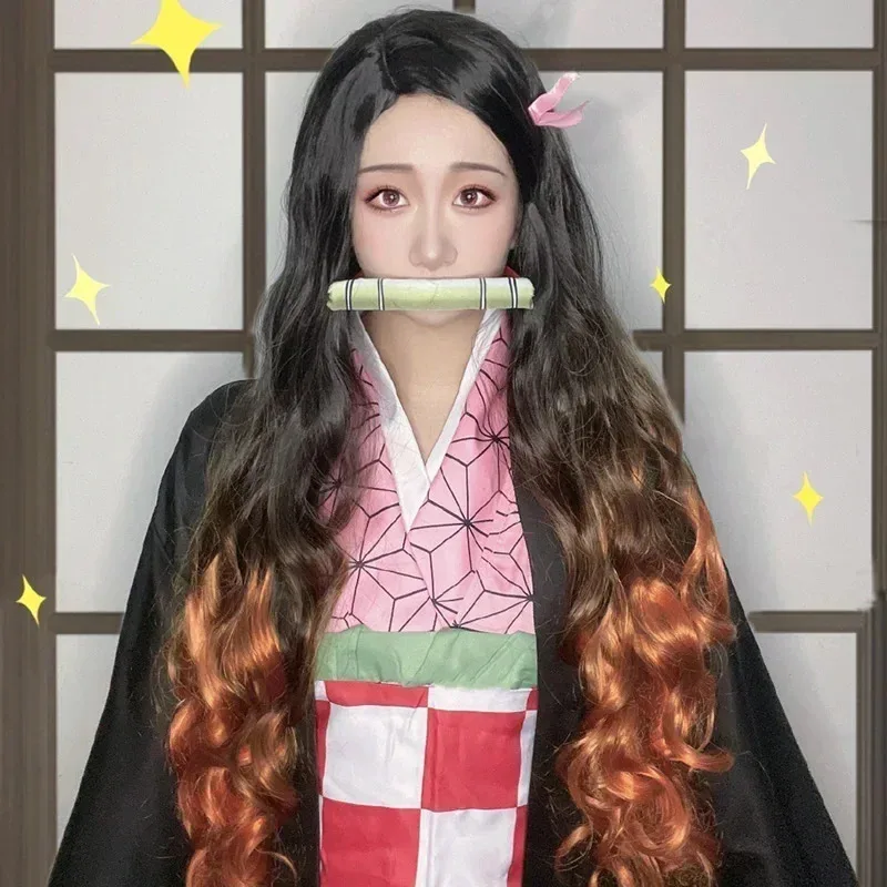 Disfraz de Anime Kamado Nezuko, disfraz de Demon Slayer, uniforme de Cosplay, ropa, conjunto de accesorios de peluca tipo kimono, disfraz de Halloween para adulto