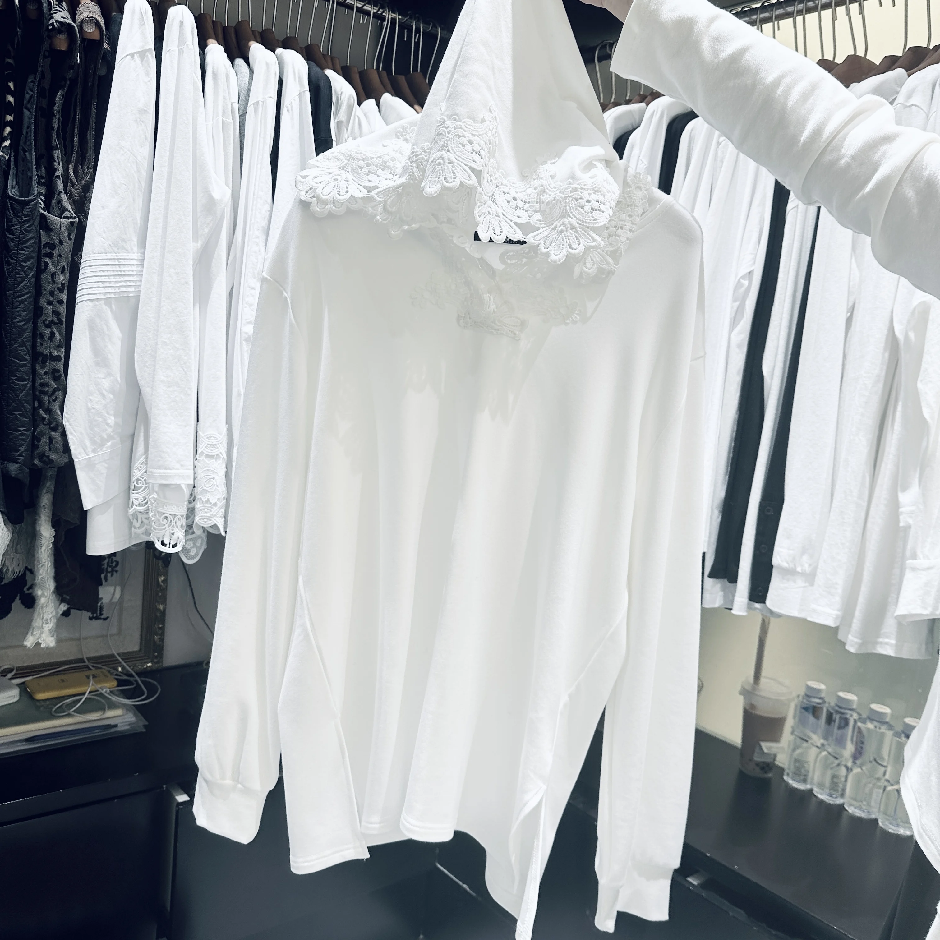

Heavy Embroidery Lace Splice Hooded T-Shirt Women's Brushed Loose Slimming Versatile Base Shirt Mid-Length Top Casual Style