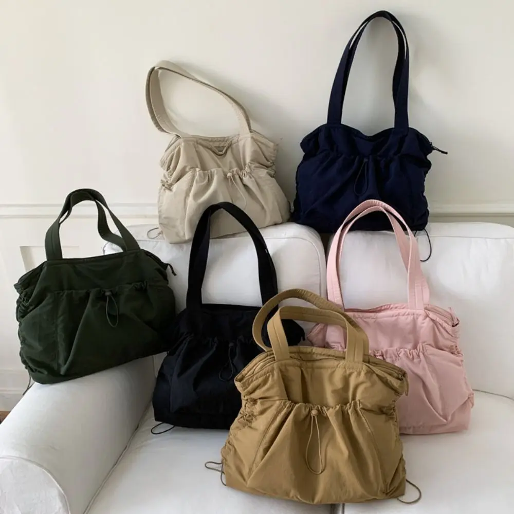 

Simple Korean Drawstring Tote Bag Casual Commuting Wrinkled Shoulder Bag Solid color Large Capacity Work Handbag Women