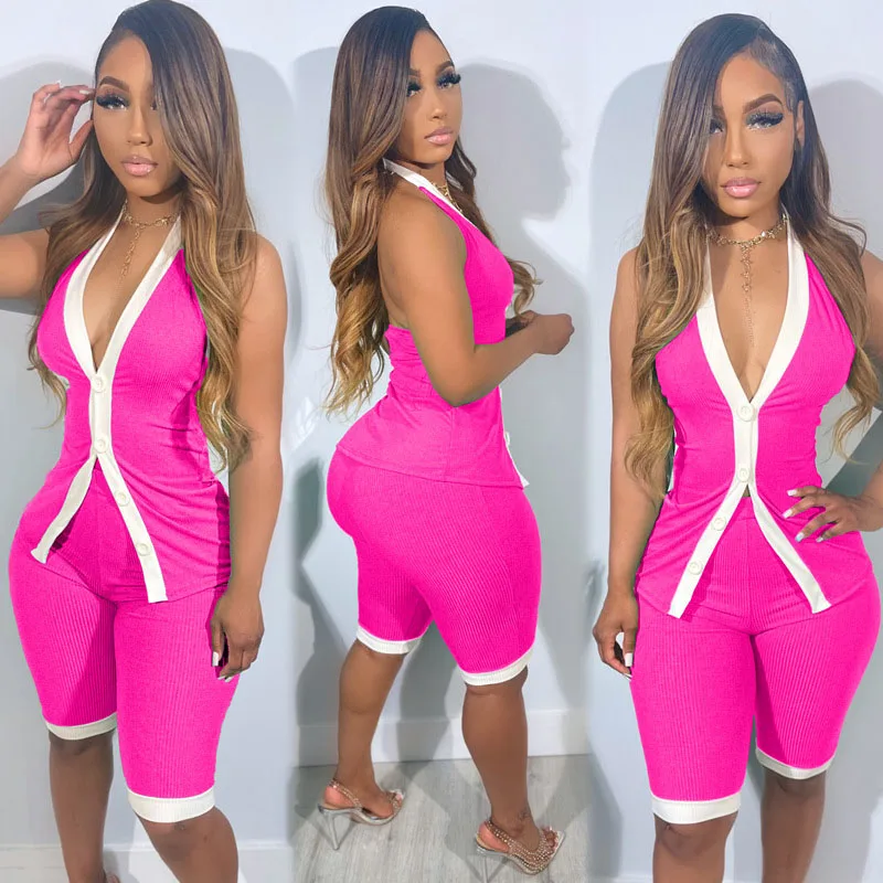 

Solid Ribbed Two Piece Short Sets Women Halter V-neck Sleeveless Backless Button Up Top and Shorts Sexy Night Party Club Outfits