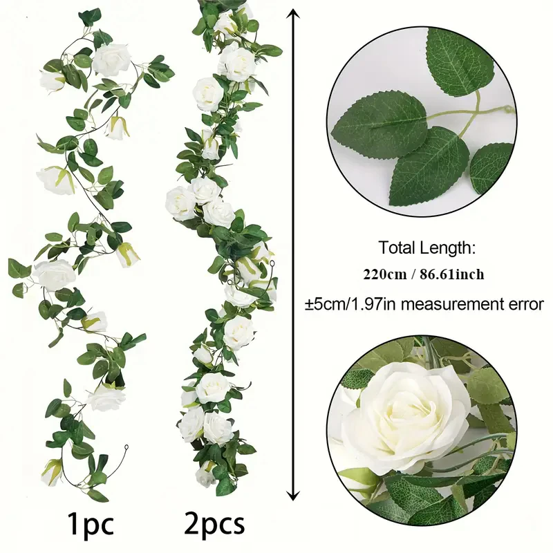 2pcs 86.61inch Artificial Garland - White Roses & Faux Ivy for Outdoor Weddings, Garden Backdrops & Christmas Decor