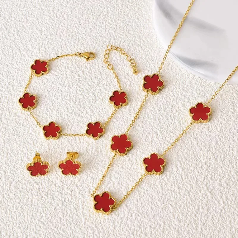 1 set of women\'s stainless steel five petal flower necklace bracelet and earrings, can be worn on both sides