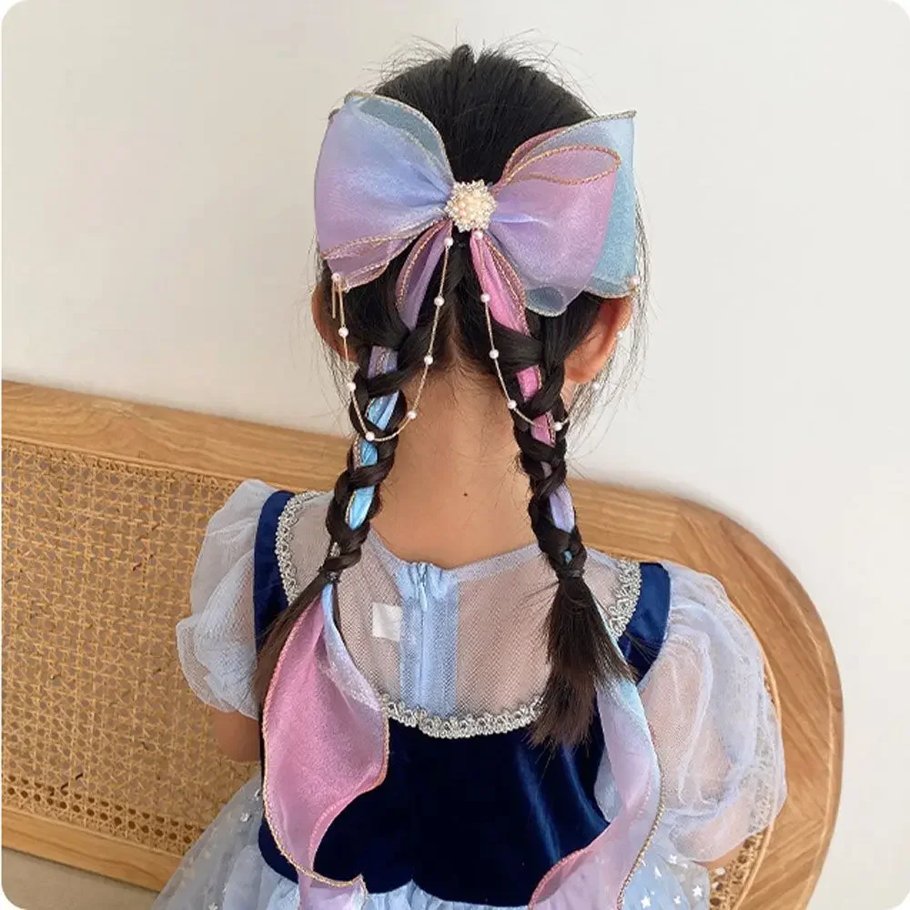 Hair Accessories Gradient Color Baby Girls Headwear Princess Hairpin Long Ribbon Hairpin Lace Bow Hair Clips Braided Hairpin