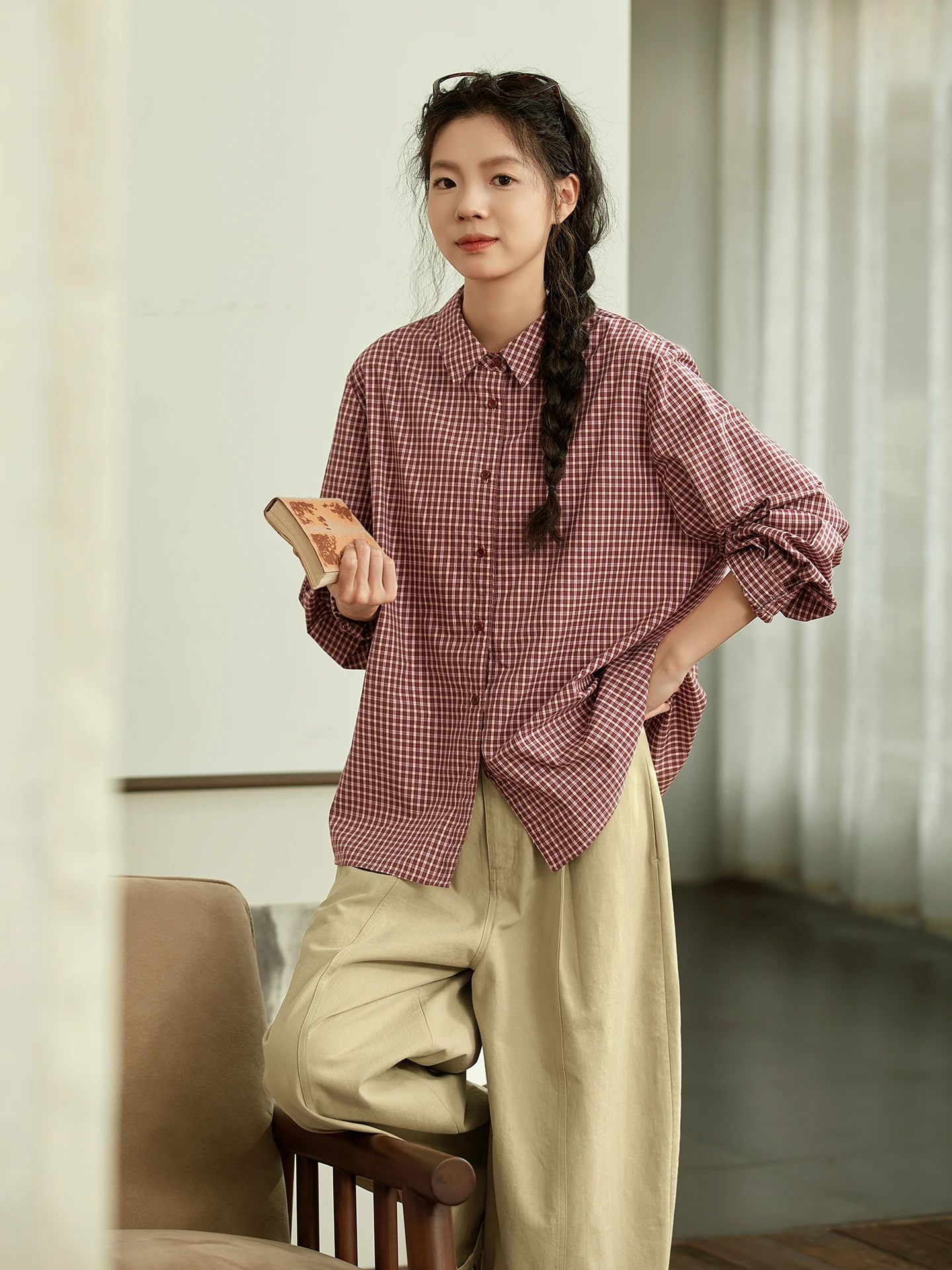 

Original Pure Cotton Red irt Women's Loose Casual Plaid irt Spring Season Japanese Sle Breathable Comfortable Fit for D...