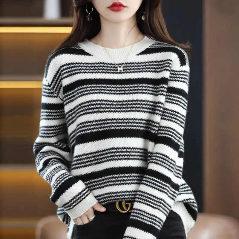 Street Casual Autumn Winter Long Sleeve Knitting Striped Loose Pullovers Top All-match Sweaters Vintage Fashion Women Clothing