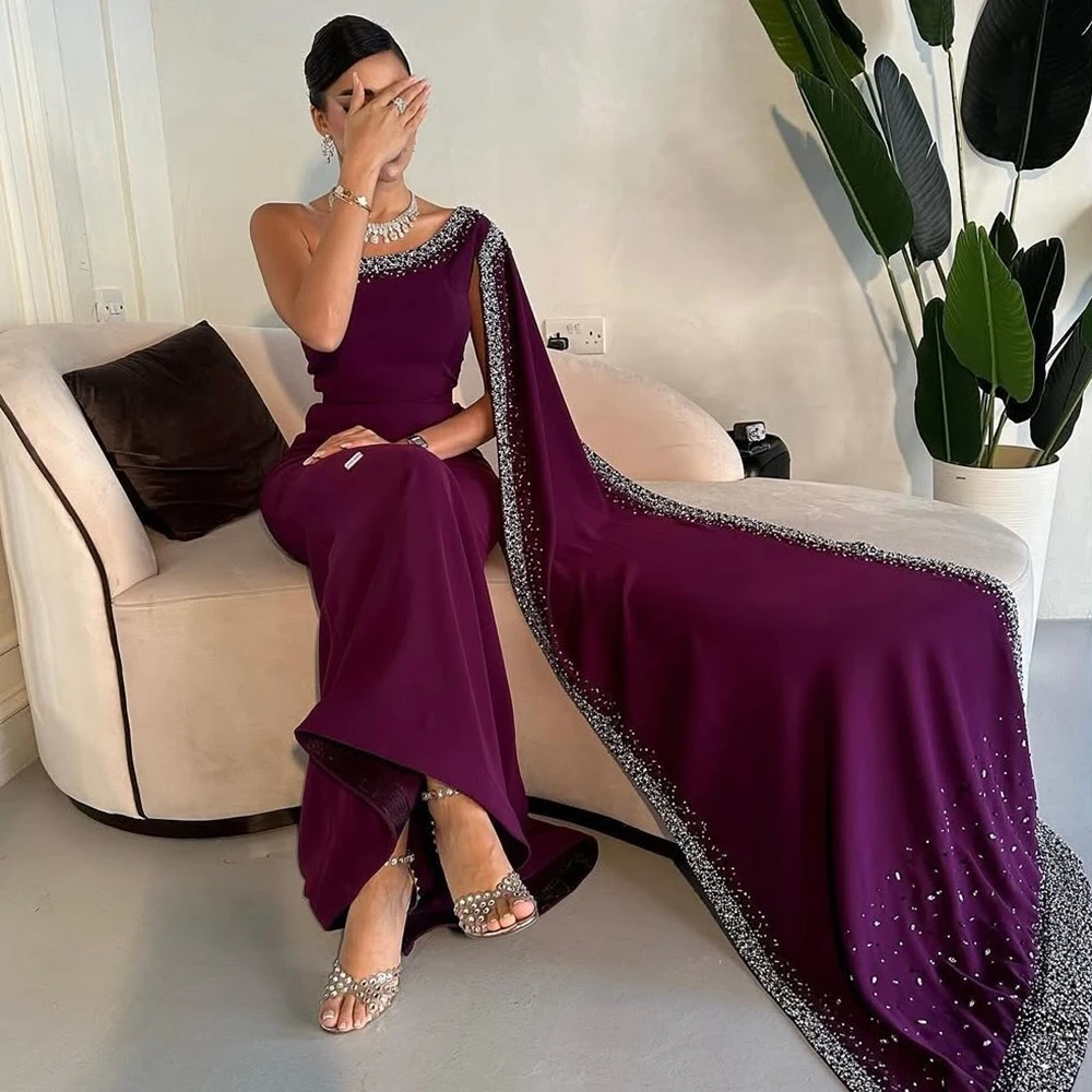 

Customized O-neck Purple Mermaid Jersey Evening Dress Sparkly Sequined Sleeveless Sweep Train Floor Length Party Prom Gown