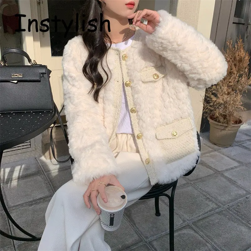 Elegant Korean Harajuku Lamb Wool Coat Autumn Winter Thick Warm Faux Fur  Single Breasted Jackets Office Lady Plush Coat Outwear