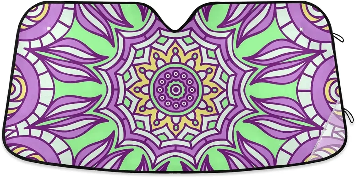 Car Windshield Sun Shade Sun Visor Protector, Sunshade Fits Windshields of Most Sizes Purple Green Indian Mandala