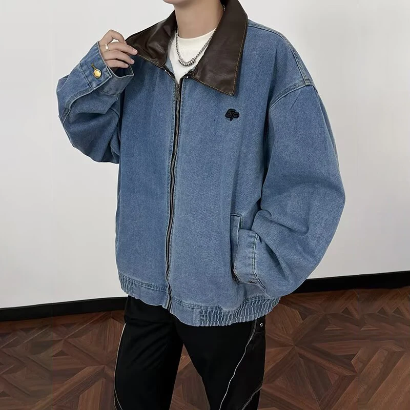 WTHT Fashion Men's Spliced Leather Contrast Color Denim Coats Vintage Turn Down Collar Zipper Jackets Male 2025 Winter 2A2590