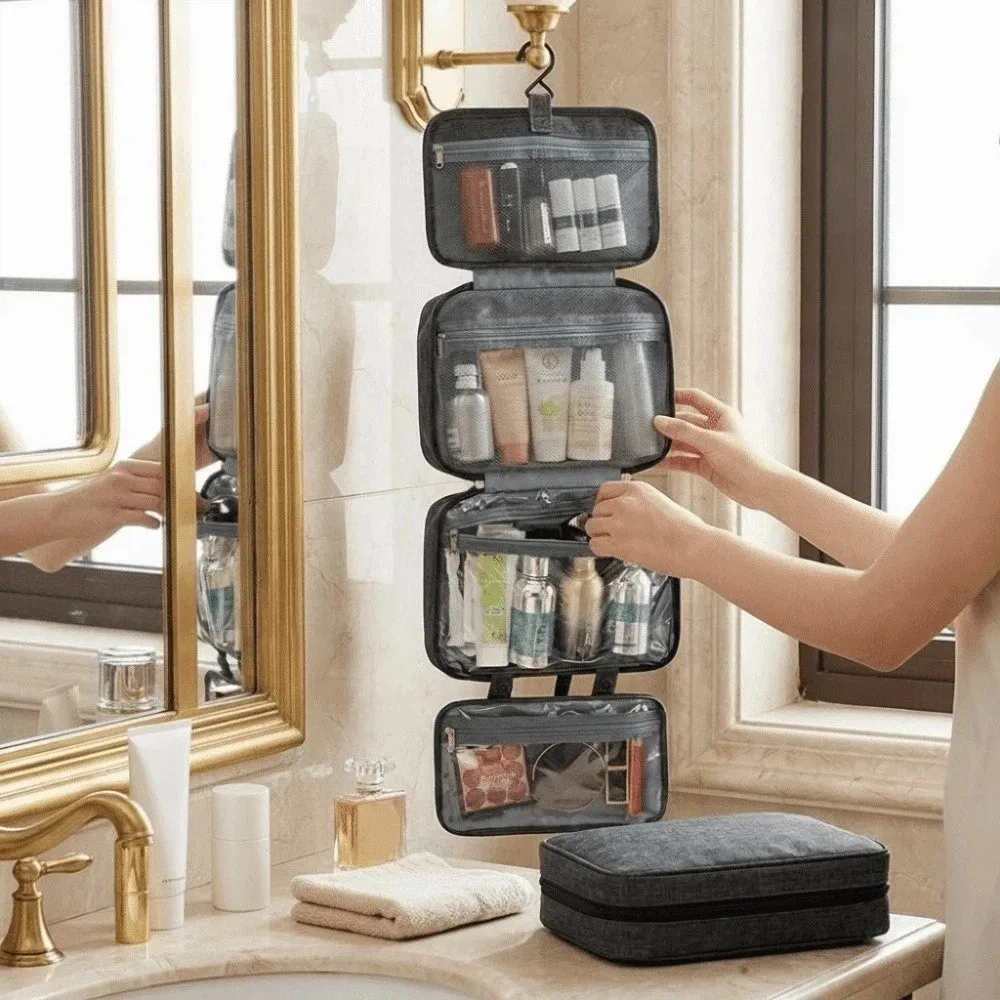 Large Capacity Travel Hanging Wash Bag Waterproof Multi Compartments Cosmetic Organizer Multi-Pocket Wet Dry Separation