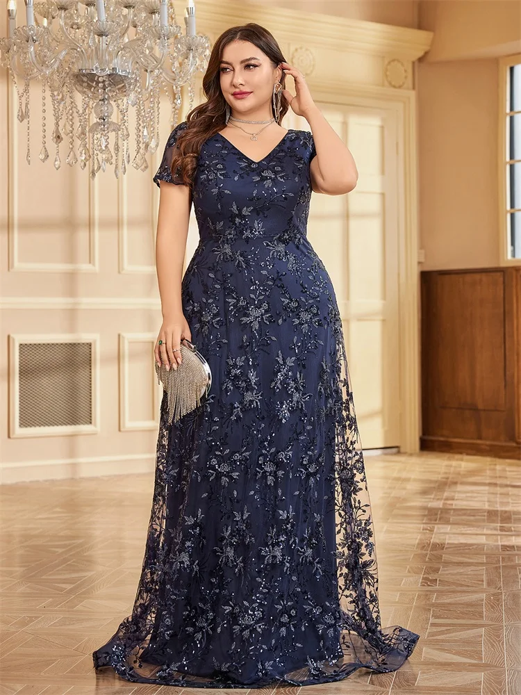 XUIBOL Plus Size Elegant Floral Blue Tulle V-Neck Evening Dress Women Short Sleeve Wedding Party Long Maxi Cocktail Dress Prom