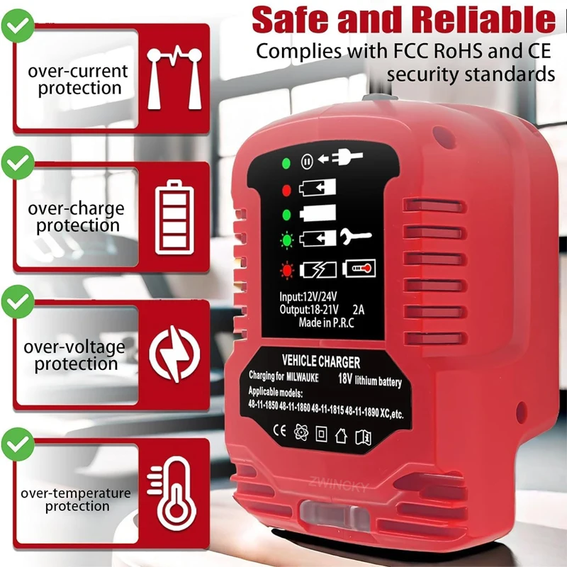 für Milwaukee 18V Lithium-Batterie Kompaktfahrzeug-Ladegerät DC 12V/24V Tragbares Autoladegerät für Milwaukee 48-11-1852 48-11-1811 – Detail 5