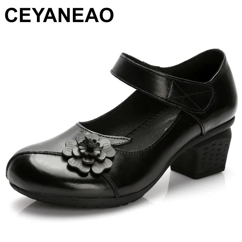 

autumn new national style cowhide mother shoes mid-heel thick heel women's leather shoes shallow mouth single shoes