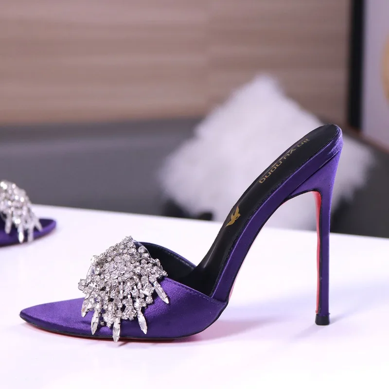Purple silk rhinestone tassel high-heeled sandals, 12cm slim, socialite style, half drag large size for outdoor wear