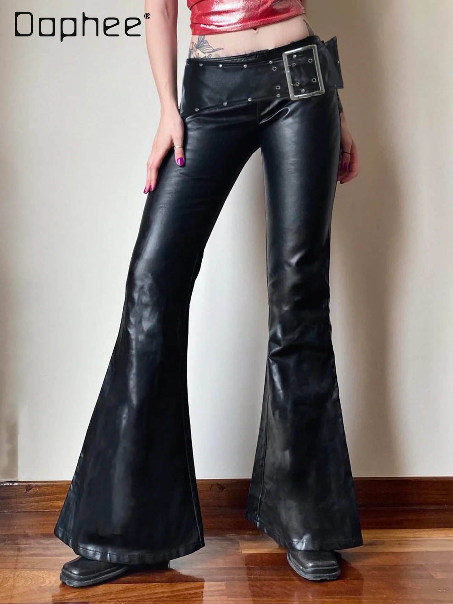 Street Sexy Black Metal Buckle Belt Rivet Leather Pants Women Low Waist Slim Flared Pants Europe and America Long Pants Trendy