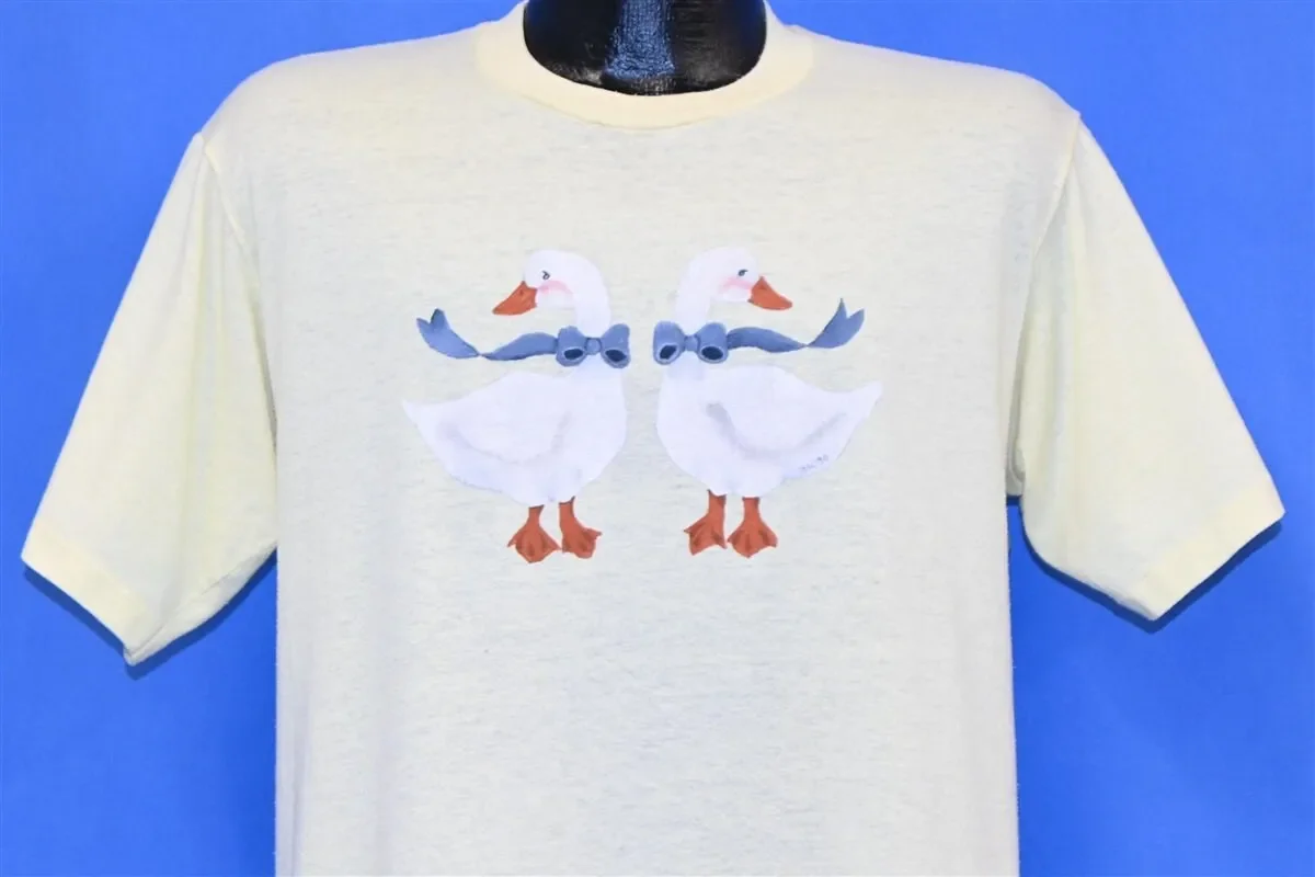90s Geese Goose Ducks Hand Painted Folk Art Yellow T Shirt Large