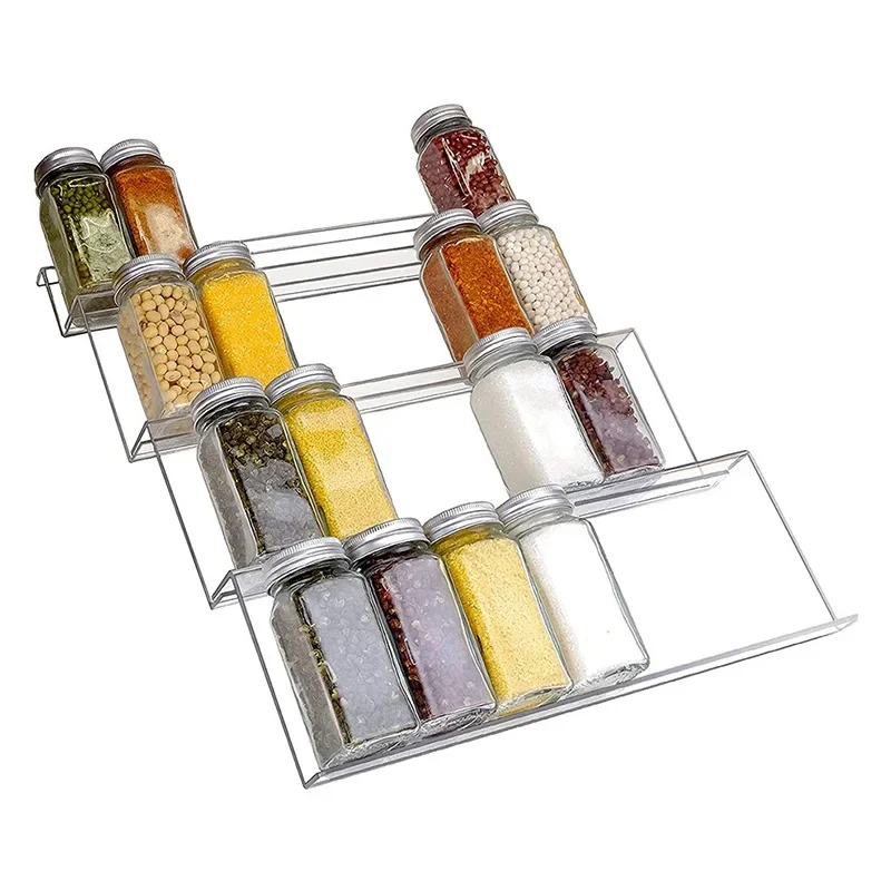 Kitchen 4 Tier Seasoning Jars Drawers Insert Clear Acrylic Spice Drawer Organizer, Black Kitchen Spice Rack Holders Tray