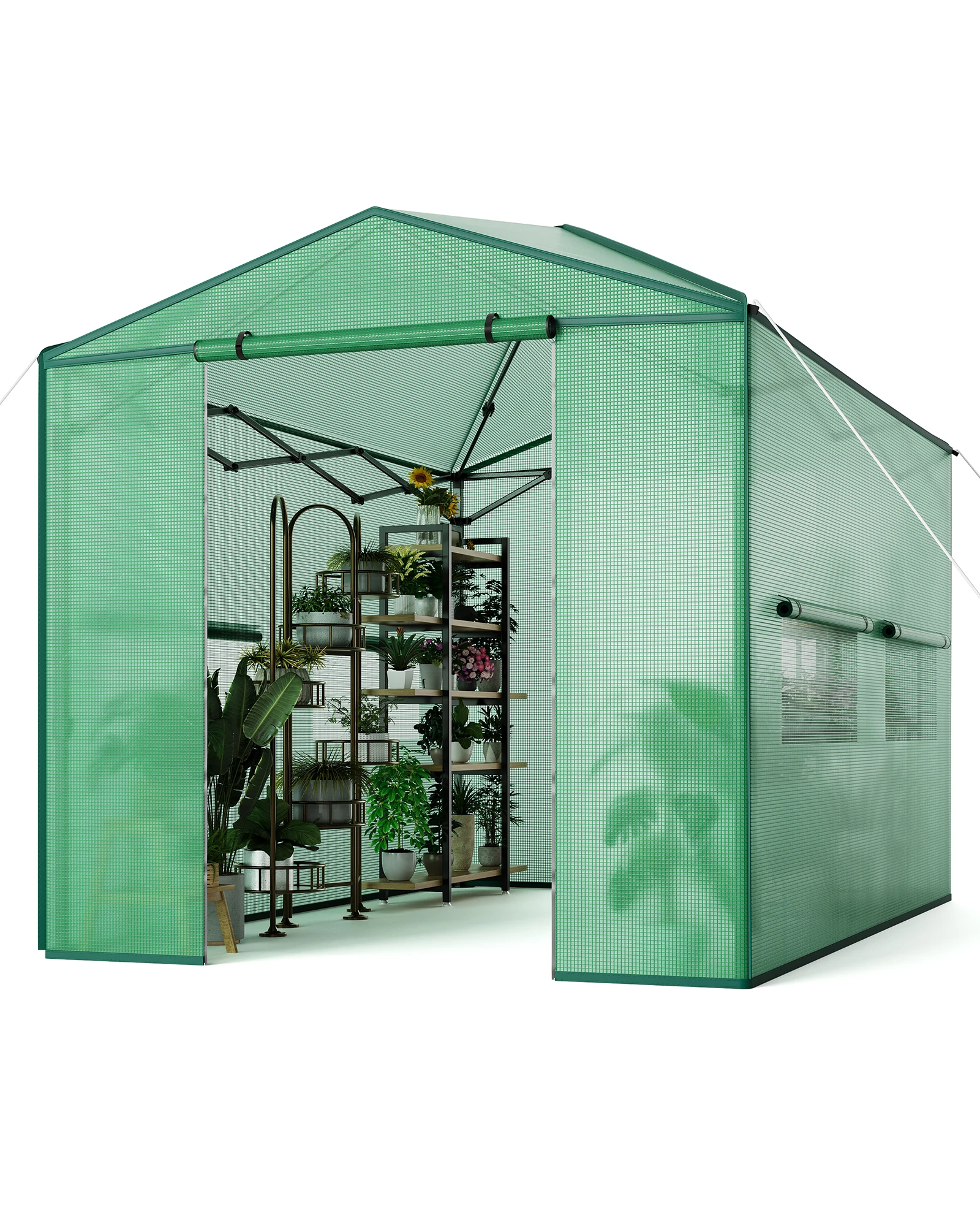Portable Walk-In Greenhouse Grow Tunnel, Tear-Resistant PE Cover & Reinforced Metal Frame, Roll-Up Zipper Door, Mesh Windows Ventilation, Indoor/Outdoor Plant Protection, Green