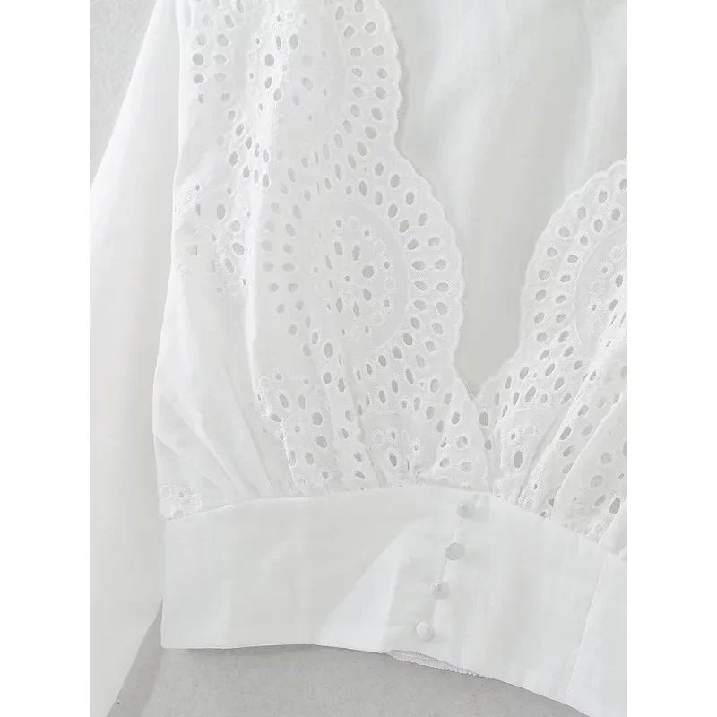 Elegant Blouses For Women 2024 Deep V-neck Cotton White Embroidery Feminine Blouse Summer Long Sleeve Women\'s Shirts