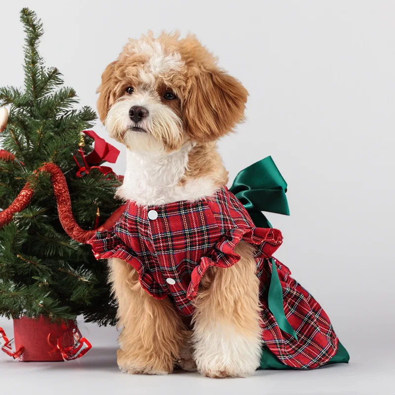 Christmas Bow Dog Dresses Cute Plaid Print Strap Skirt Autumn Pet Clothing Skirt Cat Dog Clothes Christmas Checker Clothing