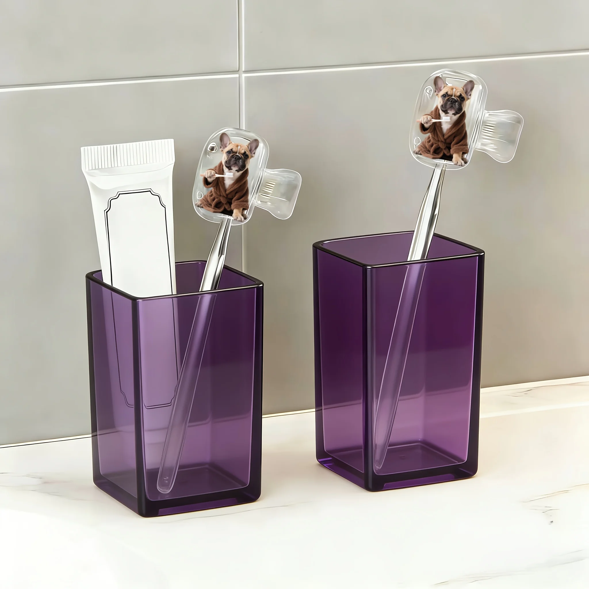 2pcs Adorable White Bulldogs Portable Toothbrush Head Covers Protective Caps Storage Boxes Bathroom Additions for Home Travel