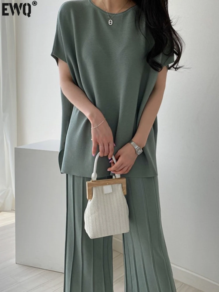 

[EWQ] Women Batwing Sleeve Loose Knit T-shirt+ Elastic Waist Pleated Wide Leg Pants Two-piece Suits 2024 Summer New Tide Set 546