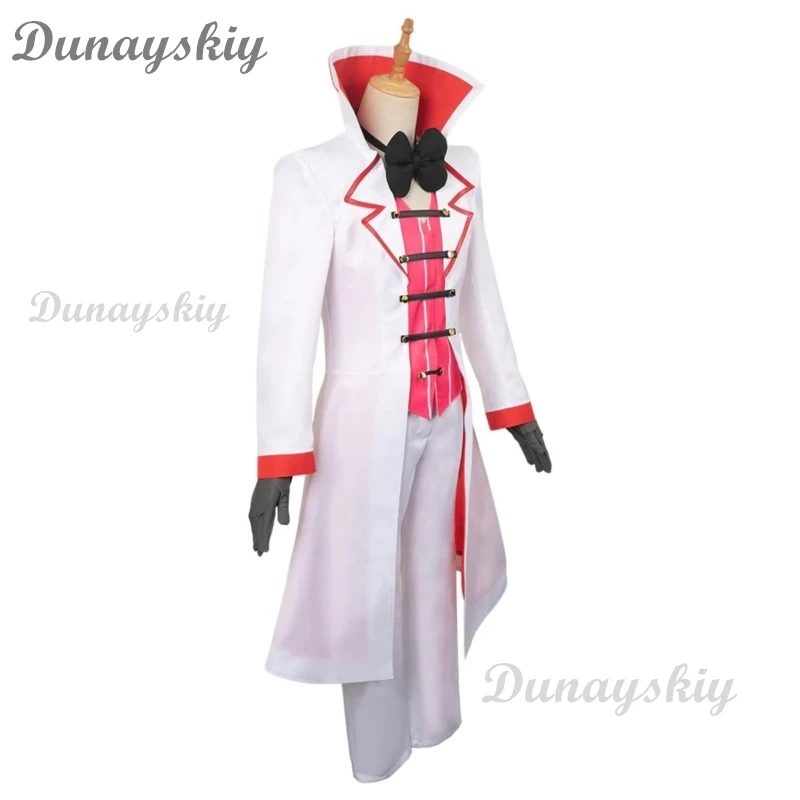 Disfraz de Cosplay de Anime Lucifer Morningstar para hombres adultos, peluca, papá, traje blanco, diablo, infierno, fiesta de Halloween