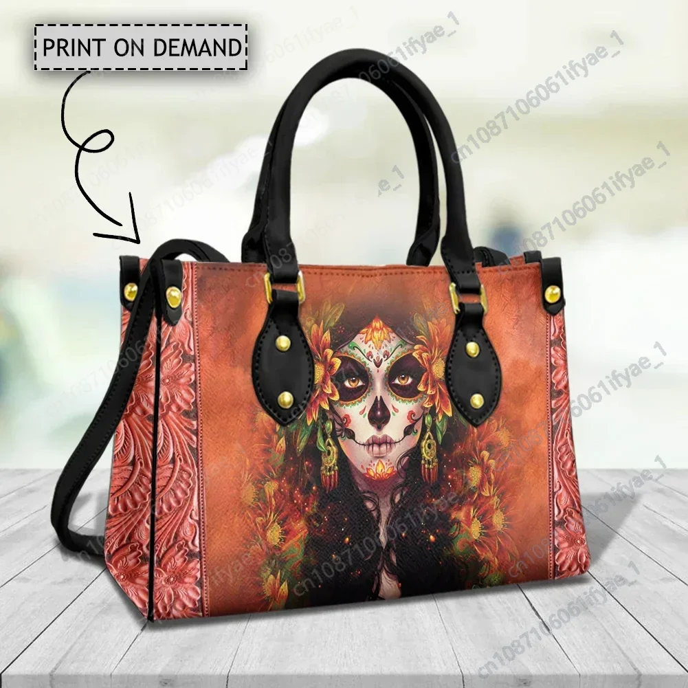 

Day Of The Dead Pattern Leather Handbag Women Gothic Sugar Skull Printed Top-handle Bags Fashion Leather Shoulder Sac For Ladies