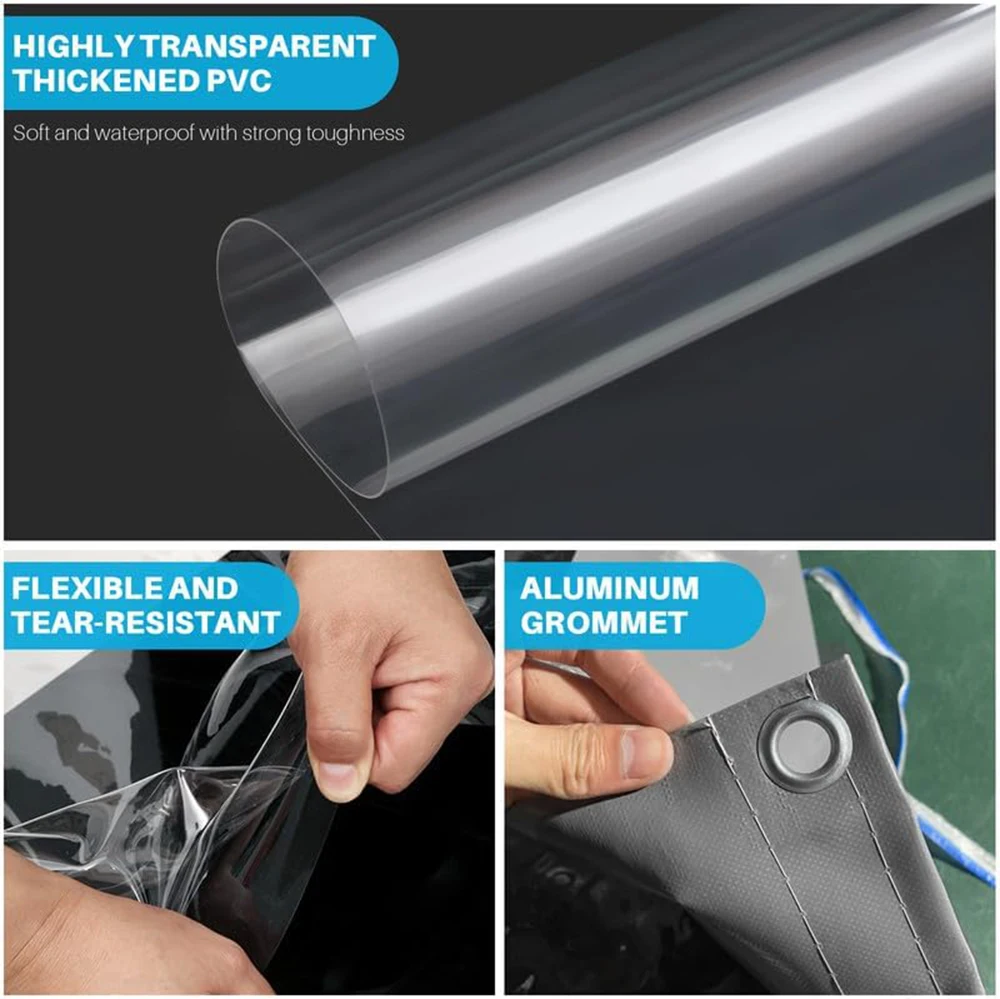 Wasserdichte transparente PVC-Plane mit Ösen, 0,55 mm, wetterfeste Outdoor-Plane, Vorhänge, Regenschutz für Pergola, Veranda, Pavillons – Detail 3